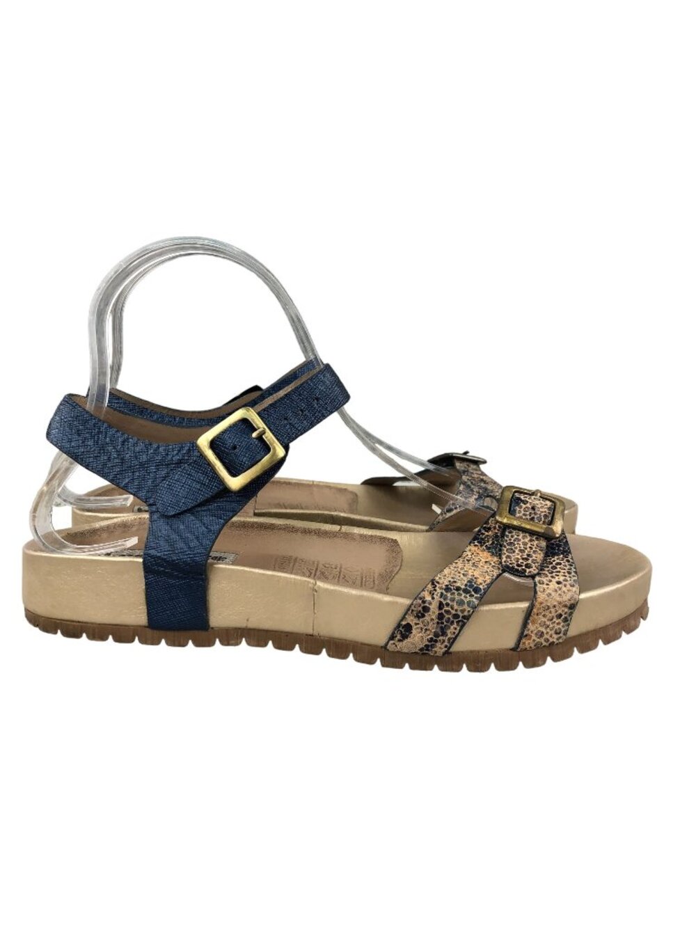 Bon Bonite Women's Size EU 37 Blue Tan Leather Open Toe Ankle Strap Sandals